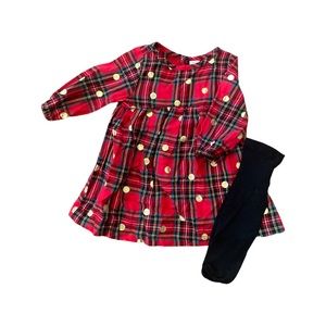 Holiday plaid dress and black tights